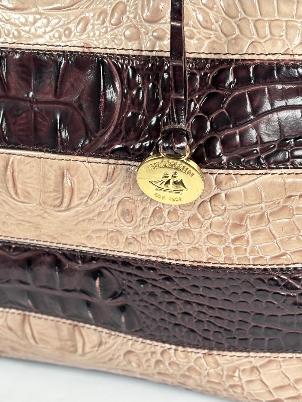 Brahmin Striped Dome Croc-Embossed Satchel Bag in Dark Brown and Beige - Picture 10 of 16